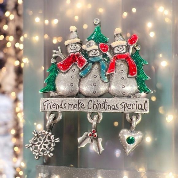 Vintage Ajmo Enamel Pewter Holiday Christmas Friends Brooch - Picture 2 of 6